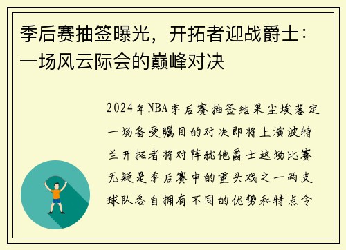 季后赛抽签曝光，开拓者迎战爵士：一场风云际会的巅峰对决