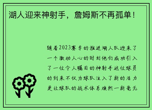 湖人迎来神射手，詹姆斯不再孤单！