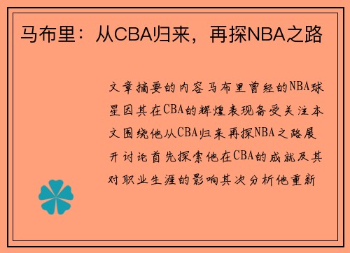 马布里：从CBA归来，再探NBA之路